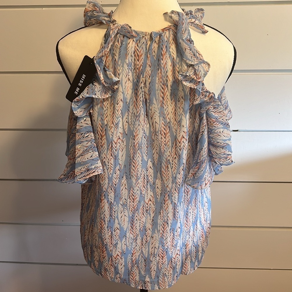 Miss Me Blue Feather Print Cold Shoulder Top - Picture 4 of 4